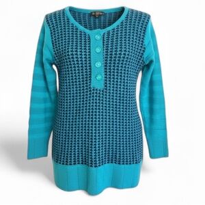Vintage Samesh Size S Teal Blue Black Patterned Knit Tunic Sweater Long Sleeve